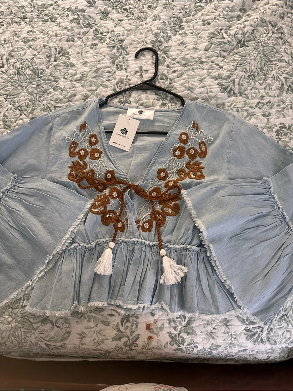 Light Blue Embroidered Peasant Blouse with Tassel Tie